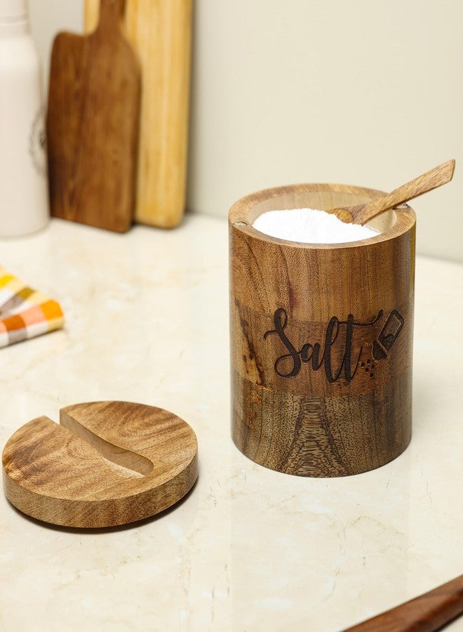 dudki Wooden Salt Box with Magnetic Lid with Attached Spoon on Top| 800 ML Round Salt Container| Bowl Pot Jar Salt Box | Mango Wood for Dinning Table| Kitchen Home - Image 4